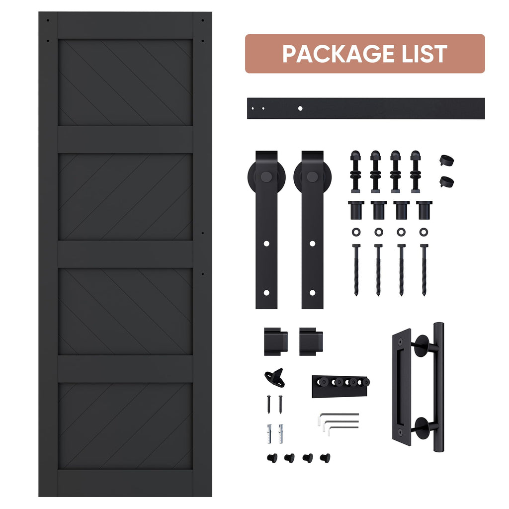 30x84 inch Sliding Barn Door, Wave Shape 4-Panel Door, Black