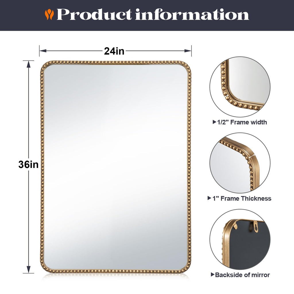 24"x36" Champagne Bronze Mirror, Champagne Bronze Vanity Mirror with Beaded Frame, Vintage Brass Gold Beaded Mirrors