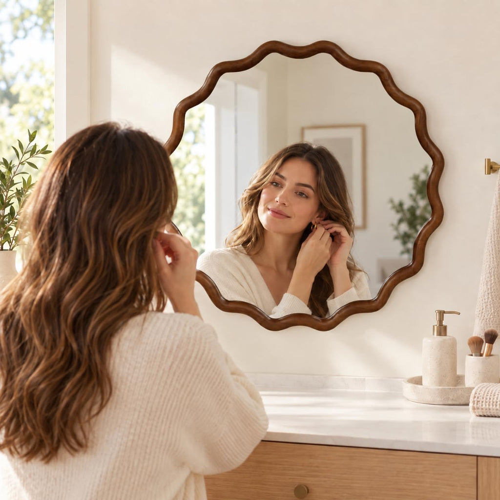 30" Walnut Wavy Round Mirror, Scalloped Wood Frame Wall Mirror