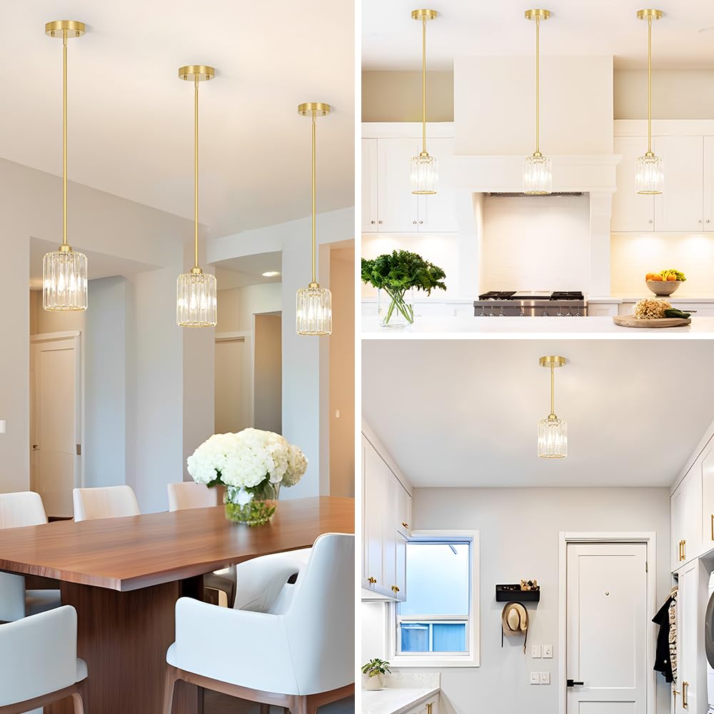 Brushed Gold Kitchen Pendant Lights Over Island with Adjustable Rods - Crystal Pendant Lighting Fixtures for Sloped