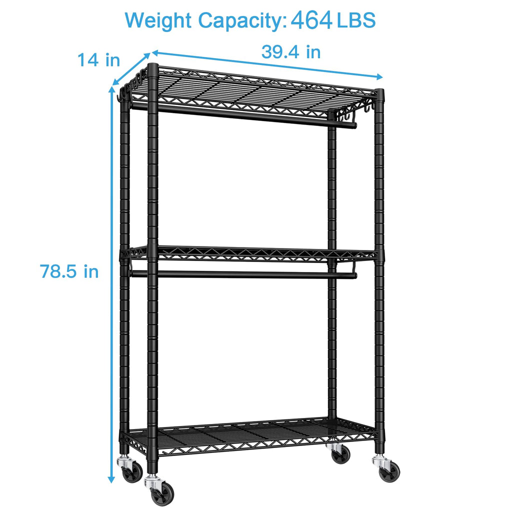 P3 Rolling Clothes Rack, Clothing Racks for Hanging Clothes, Black