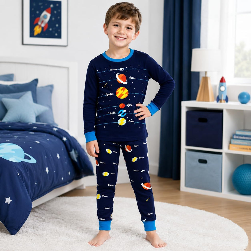 Boys Pajamas 100% Cotton Planet Pjs Toddler 2 Piece Sleepwear Kids Clothes Set