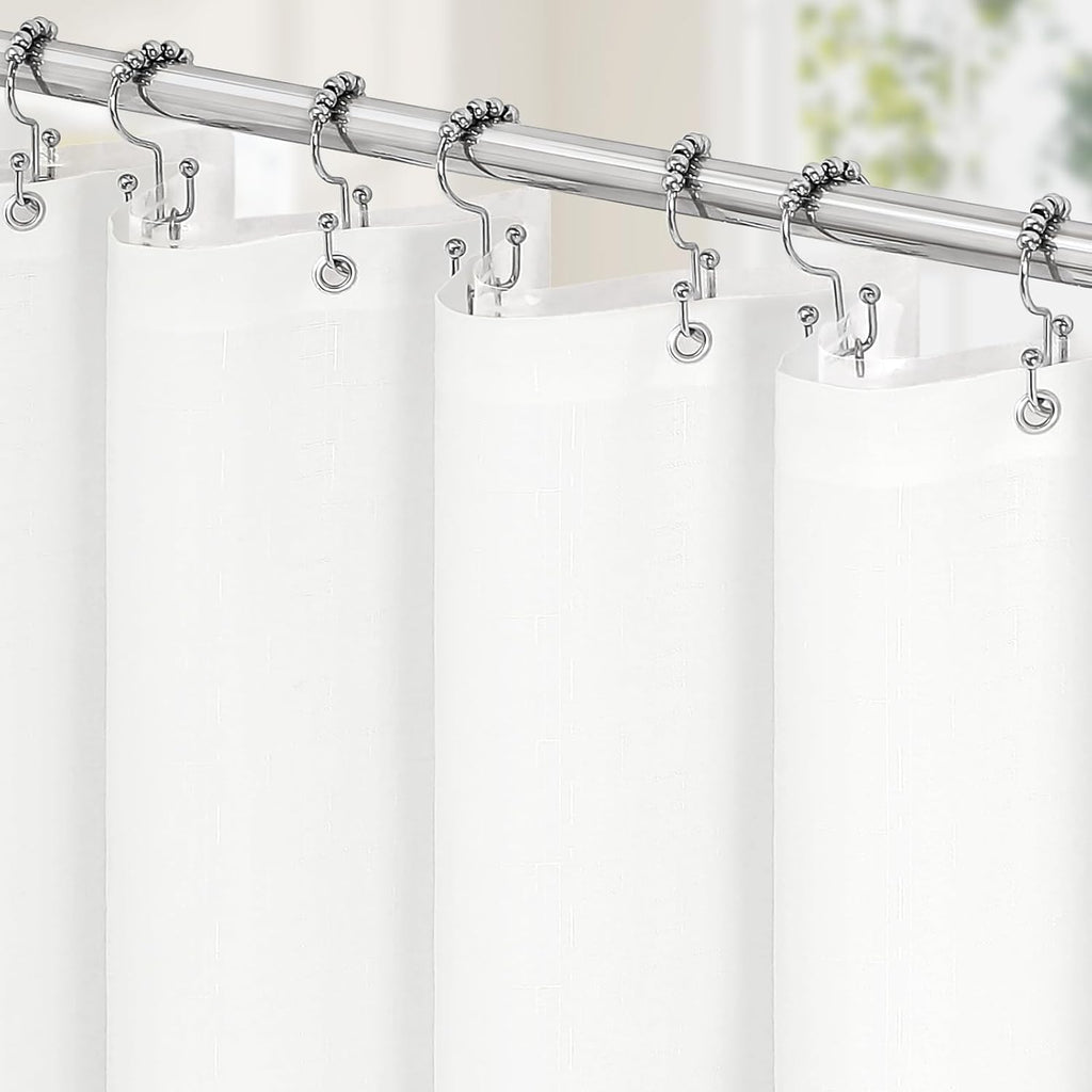 3 in 1 White Slub Shower Curtain Liner Set -72x72 | 3 in 1 White Slub Shower Curtain Set with PEVA Liner and 12 Steel