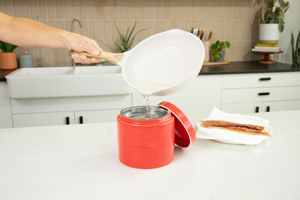 Bacon Grease Saver with Strainer - Ceramic Grease Container 1L Storage Canister | Holds Bacon Fat Drippings | Oil
