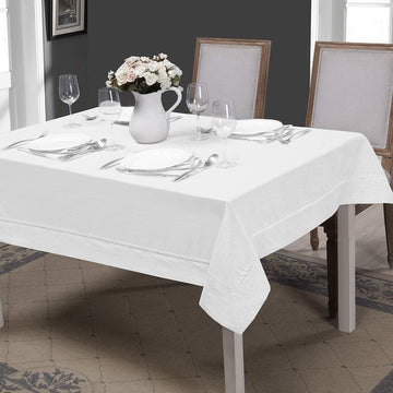 Premium 100% Linen Hemstitch Tablecloth-60 x 84 Inch White, Natural Fabric, Rectangular Tablecloth a