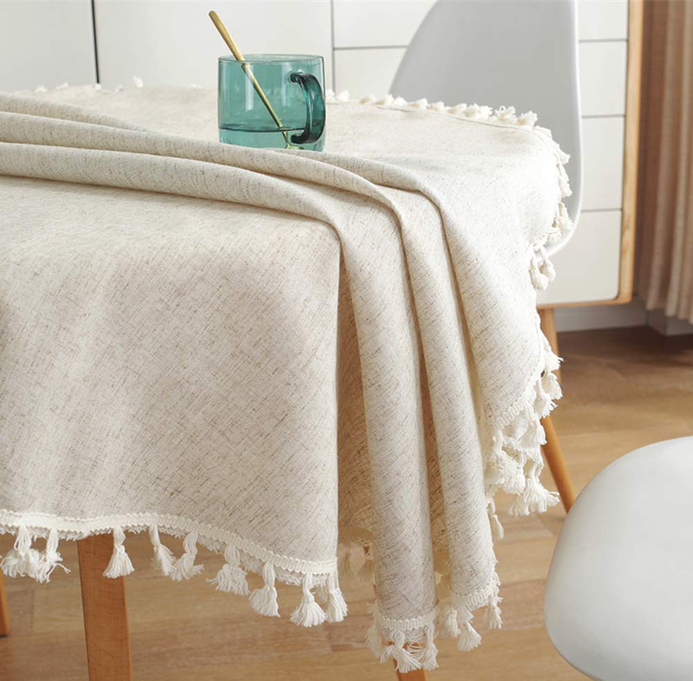 Cotton Linen Fabric Tassel Round Tablecloth Dust-Proof Table Cover Dinning Tabletop Home Decoration (60 Inch, Linen)