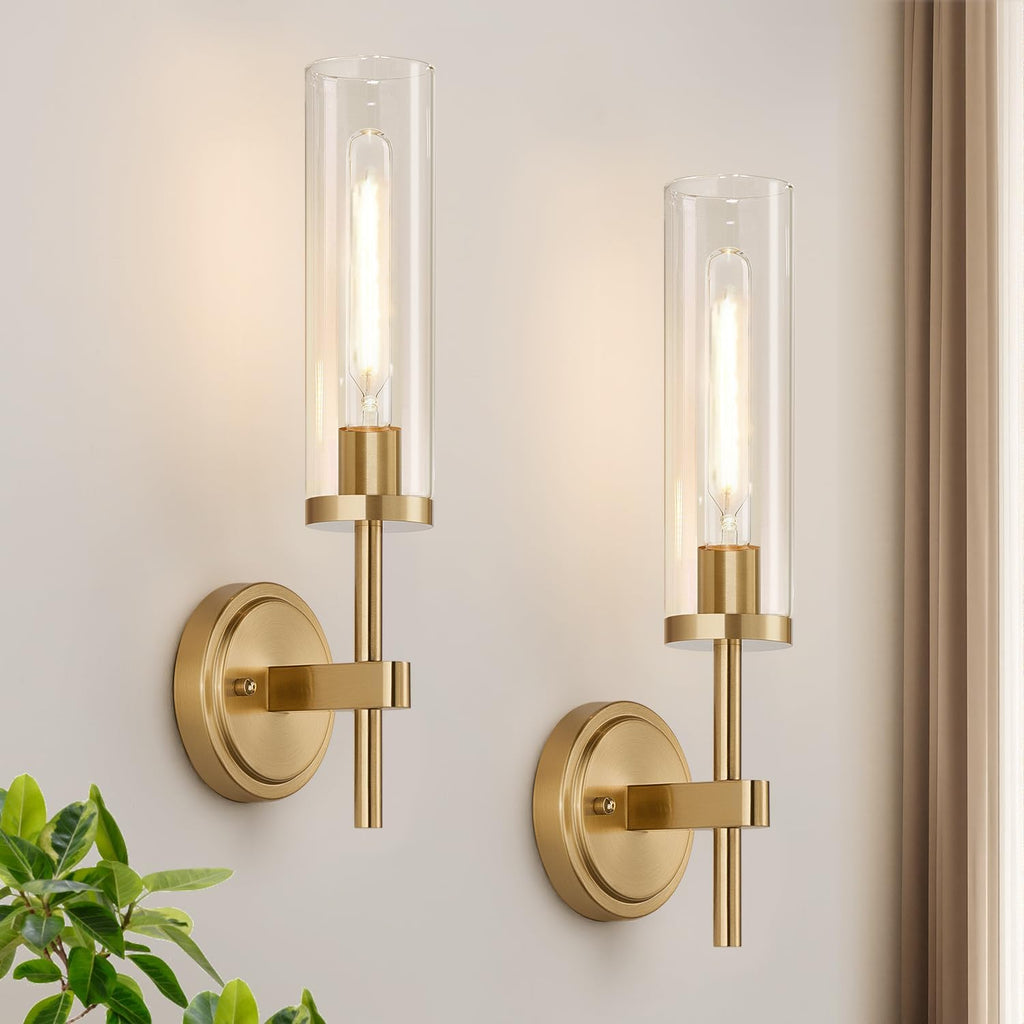 [Hardwired] Wall Sconces Set of Two, Brushed Gold Bathroom Sconces with Clear Glass, Modern Wall Light Fixtures for
