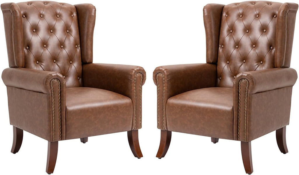 PU Leather Accent Chair Set of 2, Modern Upholstered Living Room Chair Sofa Chair with Wooden Legs, Wingback Armchair