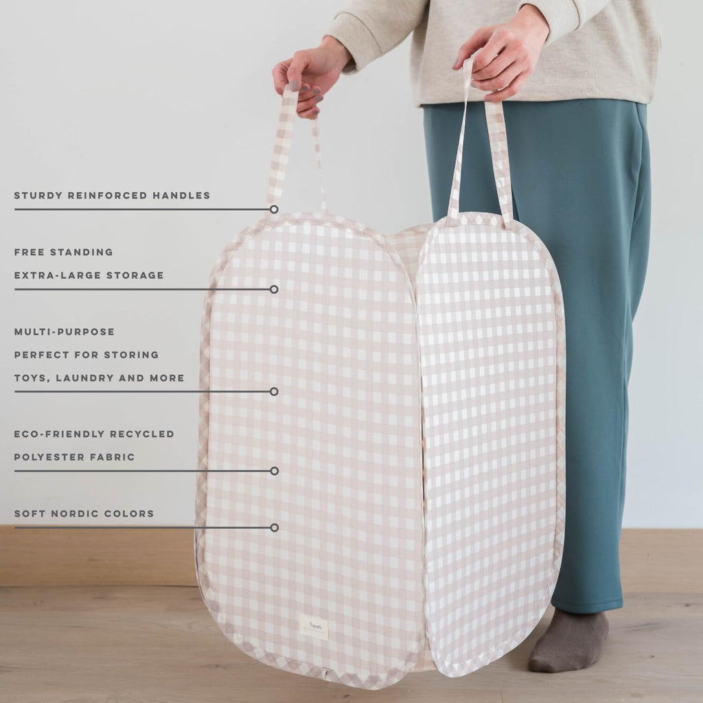 Pop Up Hamper, Collapsible Laundry Basket, Gingham Beige