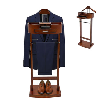 Wooden Valet Stand for Men and Women, Freestanding Suit Organizer with Drawer, Tray & Trouser Bar, Clothes Valet