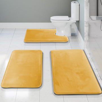 Bathroom Rug Set, 3 Piece Velvet Memory Foam Bath Mats with Non-Slip PVC Backing, Gold