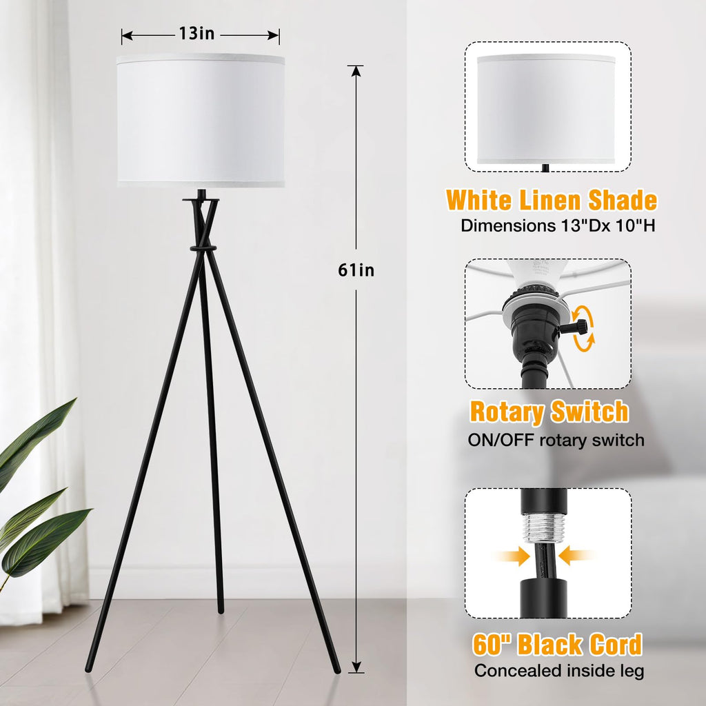 Black Tripod Floor Lamp, 61" Floor Lamps with Rotary Switch