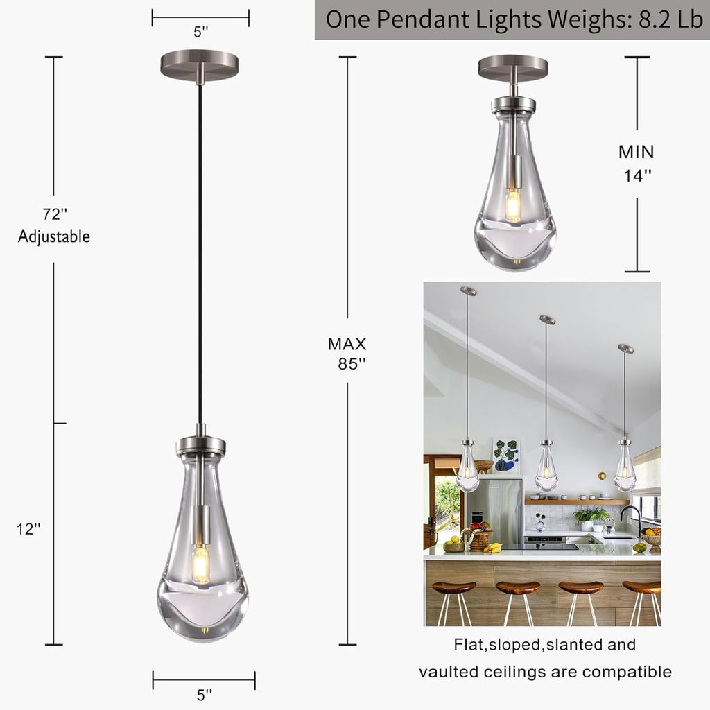 Raindrop Pendant Lights Kitchen Island Teardrop Nickel Hanging Light Fixtures Clear Solid Glass Pendant Light Modern Chandeliers for Dining Room Porch Corridor Living Room (1-Pack) A121-B0DL49KSTZ