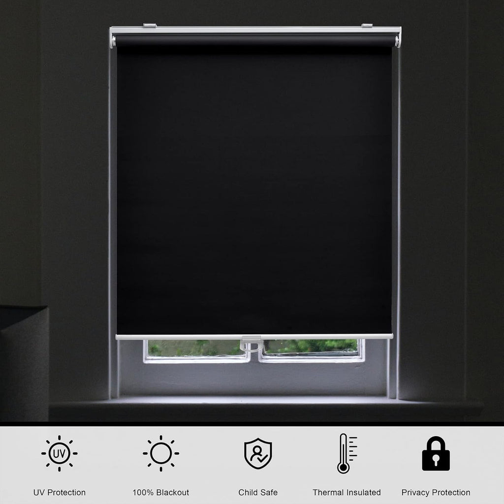 Blackout Cordless Roller Shades Blinds, Black | Blackout Fabric UV Thermal Insulated,Spring System For Windows