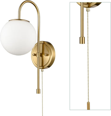 Modern Gold Wall Sconce Milk White Globe Wall Light Fixtures with Pull Chain Switch for Bedroom Bathroom Balcony