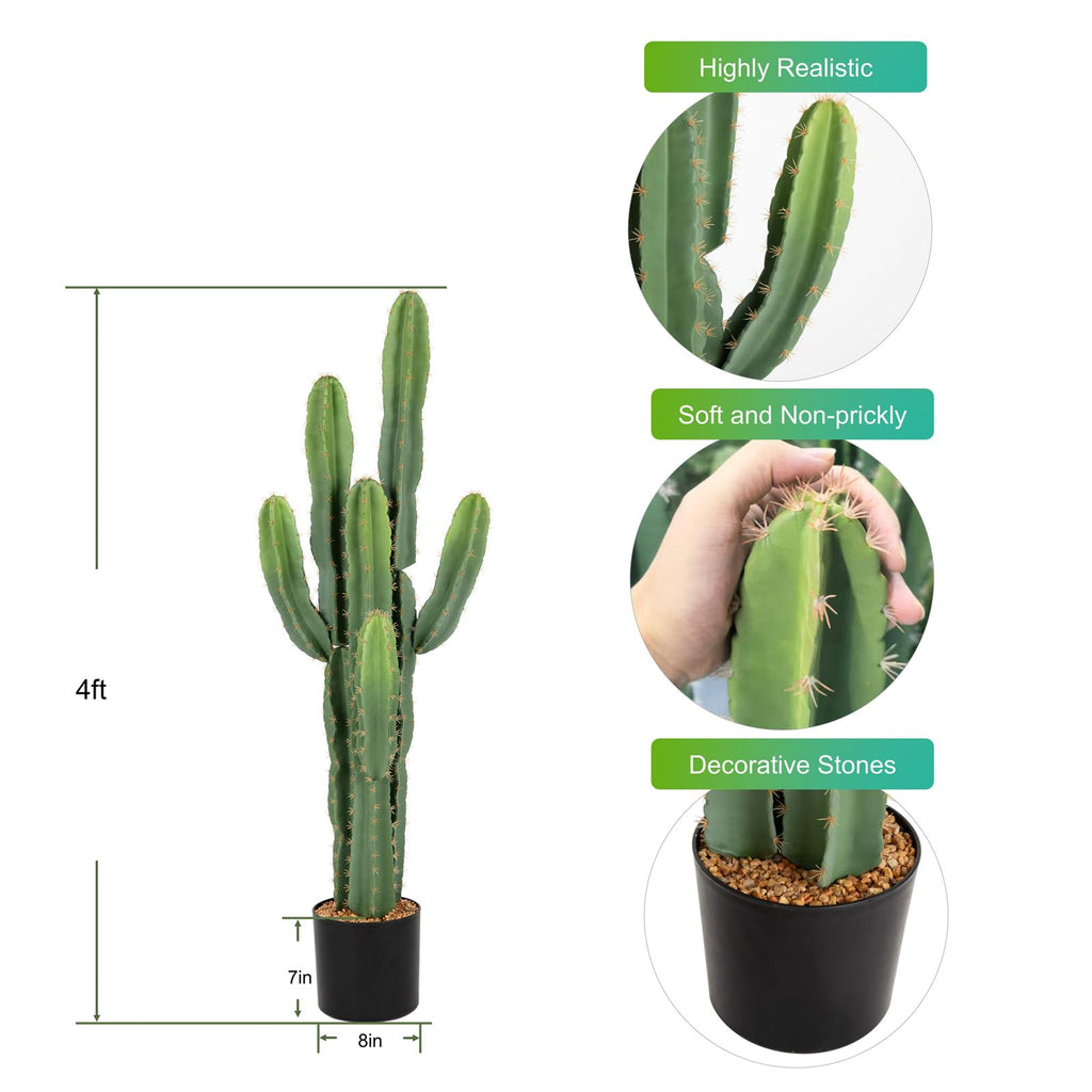 UV-Resistant Artificial Fake Cactus Plants 4ft - Large Faux Cowboy Cactus for Indoor & Outdoor Home, Office, or