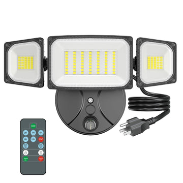 80W Dusk to Dawn Outdoor Lighting, Plug in LED Flood Lights, Black Outdoor Lights with Remote, Security