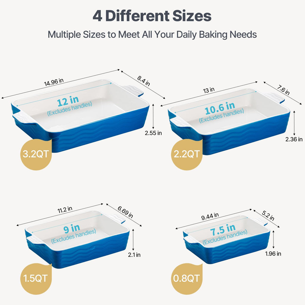 Ceramic Baking Pan with Handles, Porcelain Baking Pans Set of 4, Oven Safe and Durable Baking Dishes Rectangular