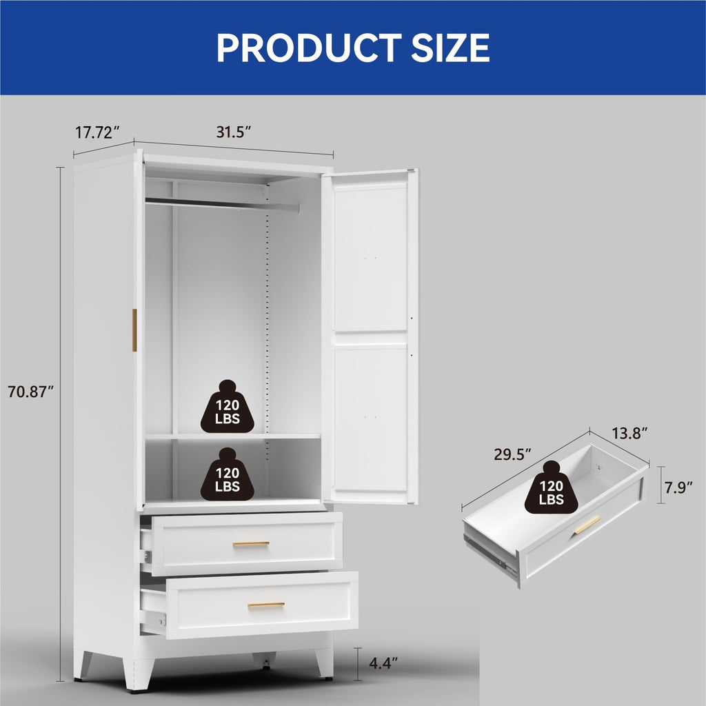 Armoire Wardrobe Closet with Drawers & Hanging Rod, 71'' Metal Wardrobe Closet with Doors & Adjustable Shelf