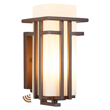 Oil Rubbed Bronze Porch Light Dusk to Dawn Outdoor Sconce Matte Brown Wall Lantern with Frosted Glass Outside House