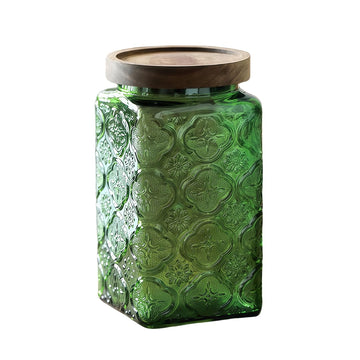 34 oz Square Green Begonia Glass Jar, Vintage Food Canister with Wooden Lid