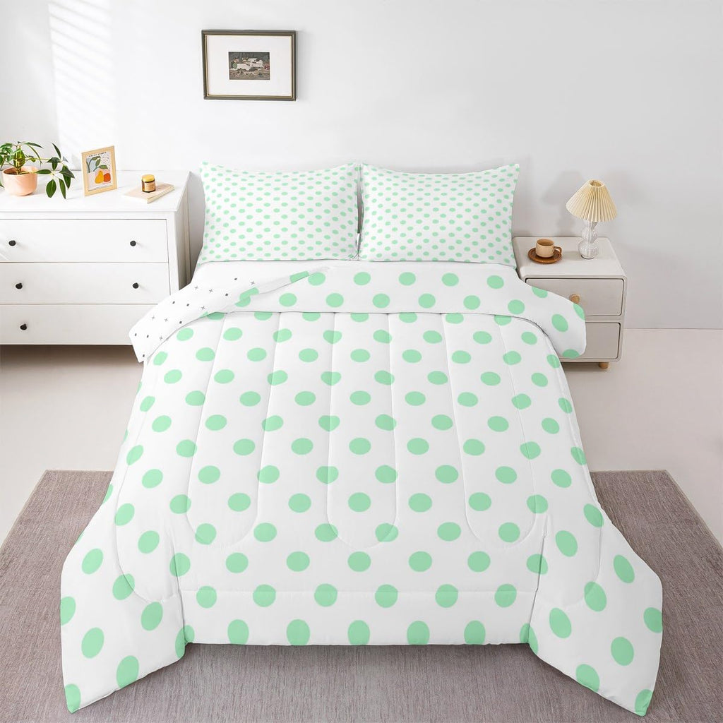 Green Polka Dots Comforter Set King Size 3 Pcs, Geometric Circles Green White Simple Art Bedding Set, Cartoon Dots