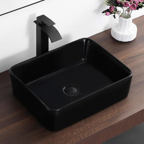 Black Vessel Sink,Rectangle 19"x15" Bathroom Sink Above Counter Porcelain Ceramic Small Sink Bowl Ceramic Vessel Sinks