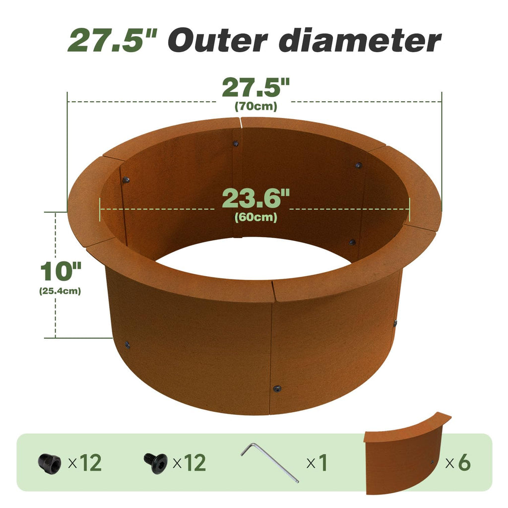 Outdoor Fire Pit Ring-27.5" Outer 23.6" Inter-Round Fire Pit Insert-Corten Steel Firepit Liner Heavy Duty Metal