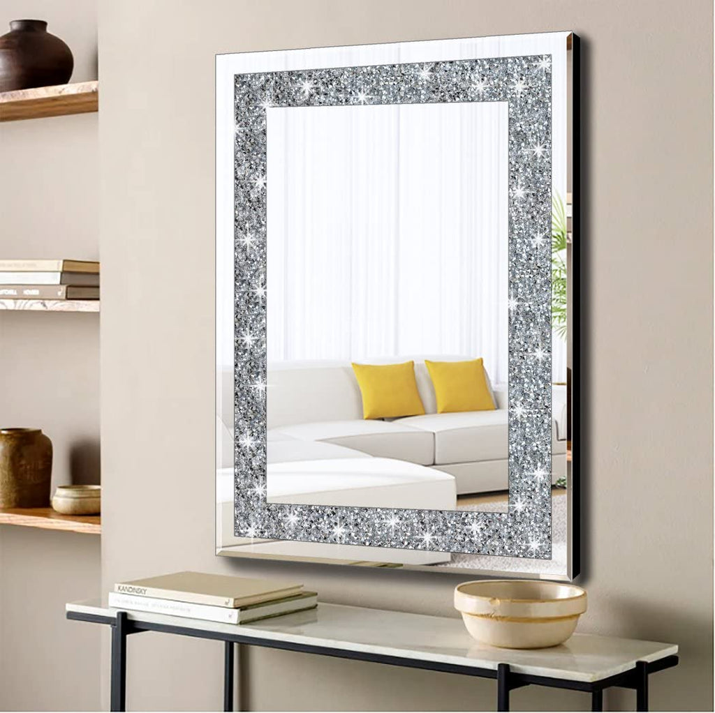 Crystal Crush Diamond Rectangle Silver Mirror for Wall Decoration 24x32inch Wall Hang Frameless Mirror Acrylic
