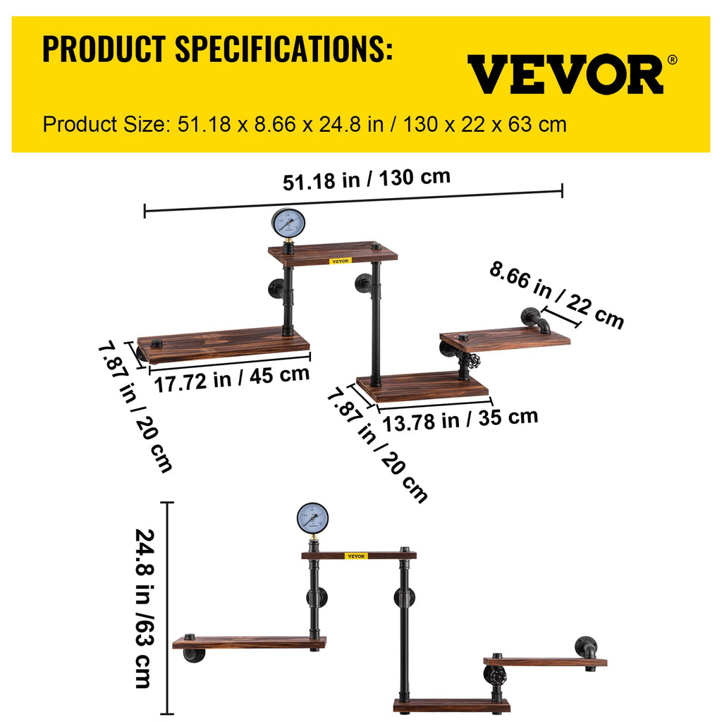 Industrial Pipe Shelving, Pipe Shelves with 4-Tier Wood Planks, Rustic Floating Shelves Wall Mounted, Wall Shelf DIY