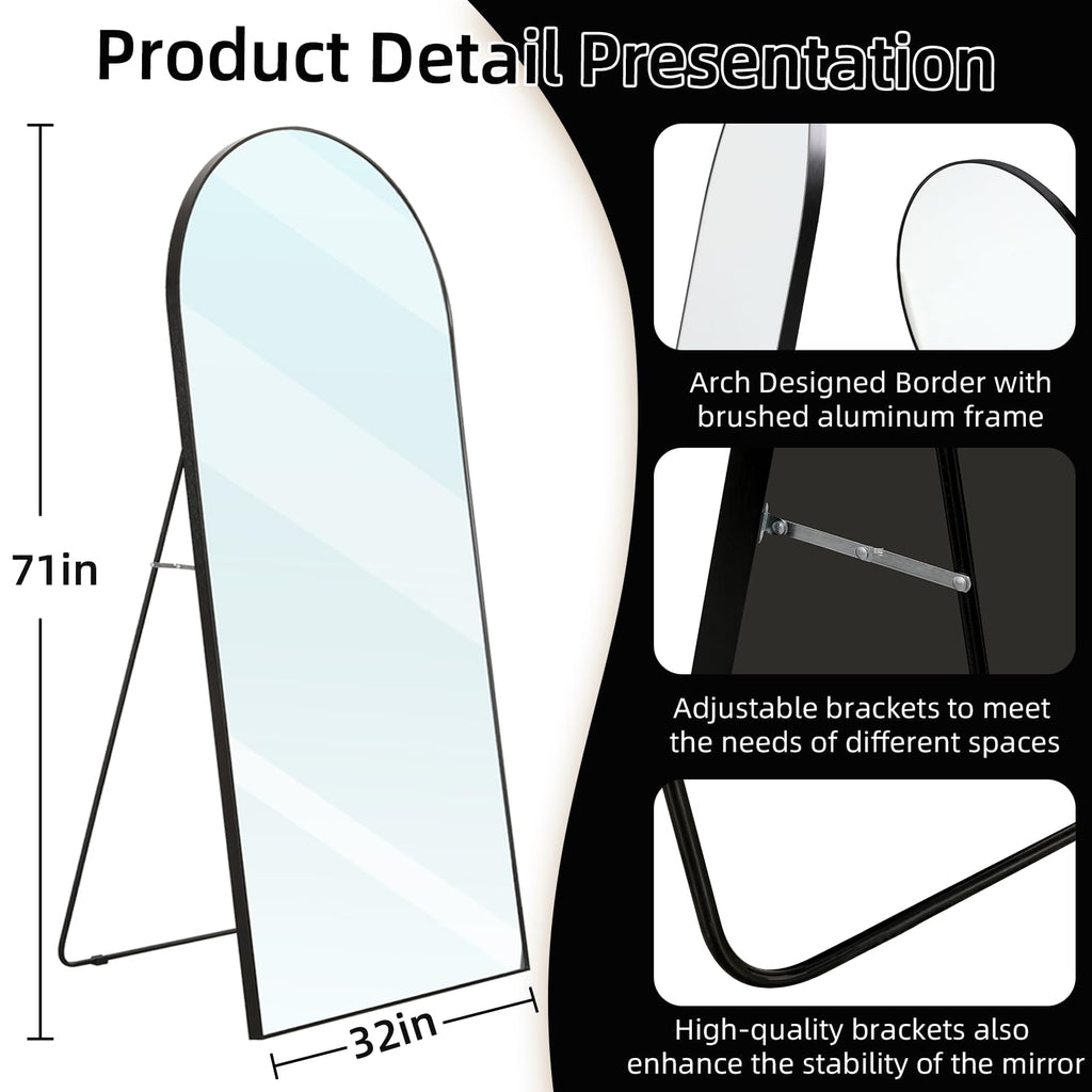 Arched Full Length Mirror, 71x32 Big Oversized Mirrors with Stand