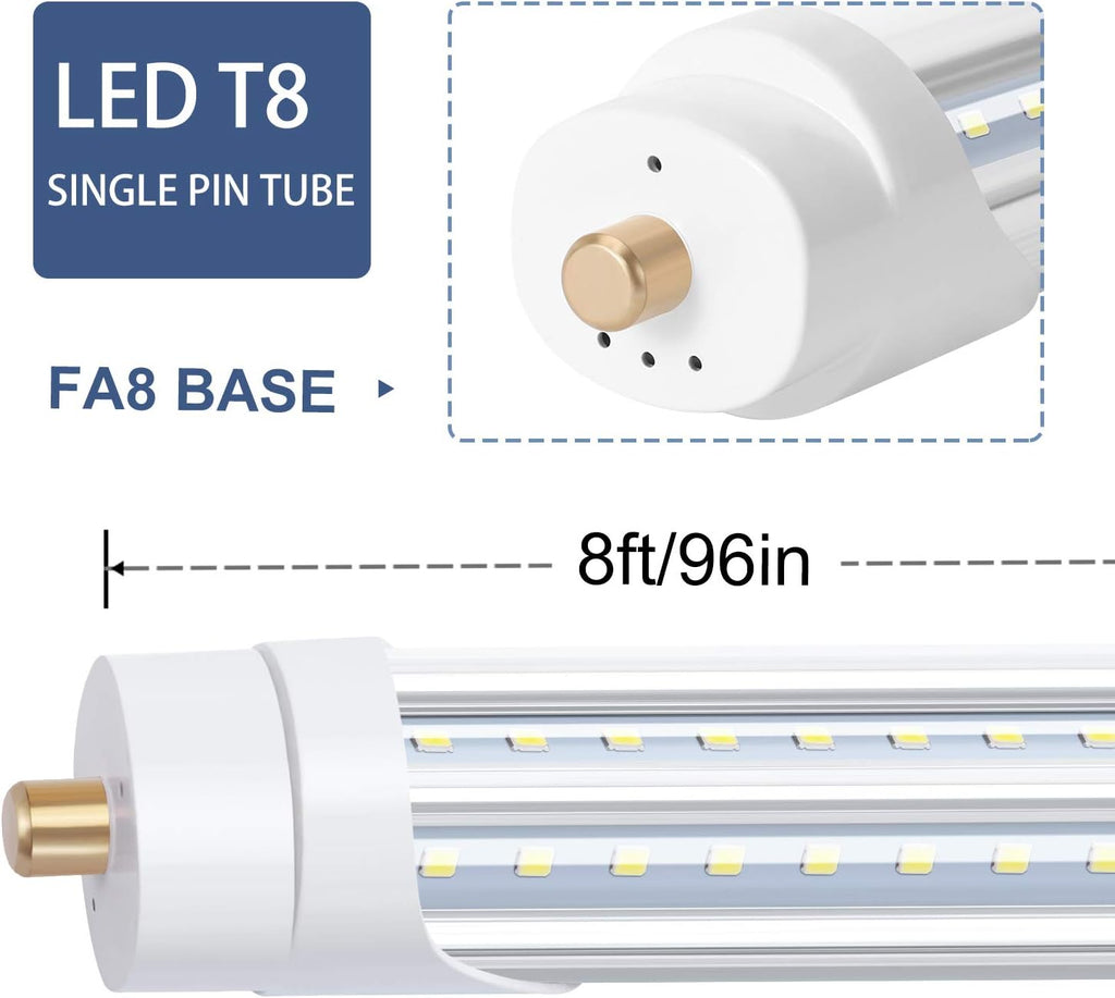 8ft LED Tube Light 65W, Fa8 Base Single Pin, Double Ended, Ballast Bypass