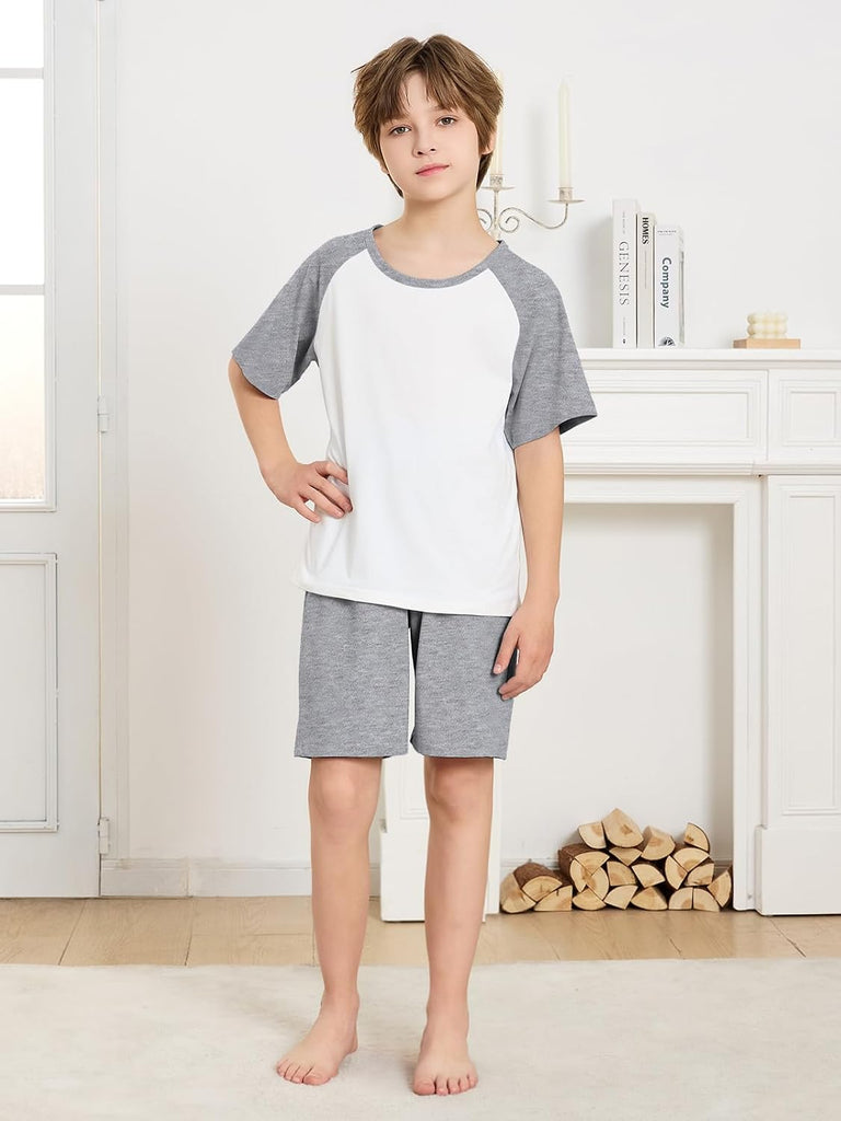Boys Pajamas Set Two Piece Cotton Sleepwear Kids Short Sleeve Top and Shorts PJS Set with Pockets