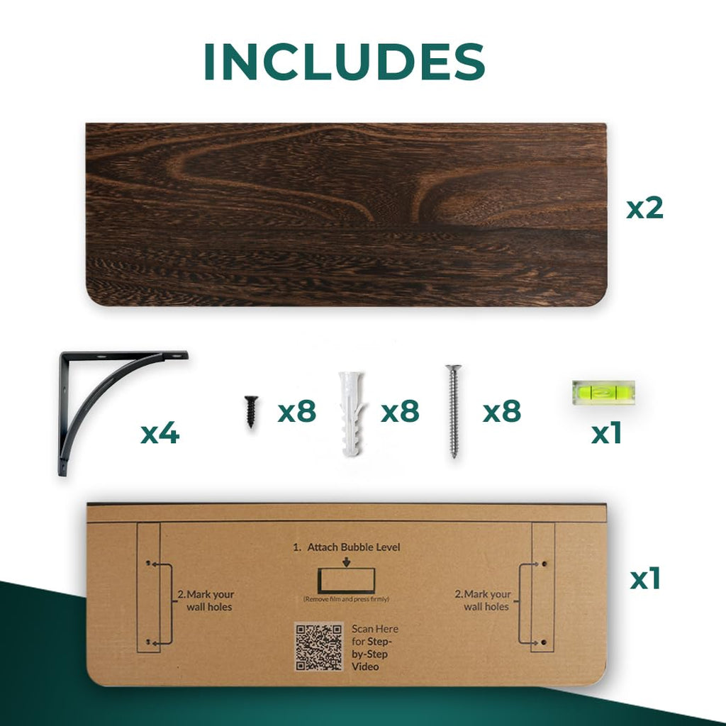 Reinforced Steel Bracket Brown Shelves for Wall - Easy to Install, Template and Video Included - Wall Mounted Rustic