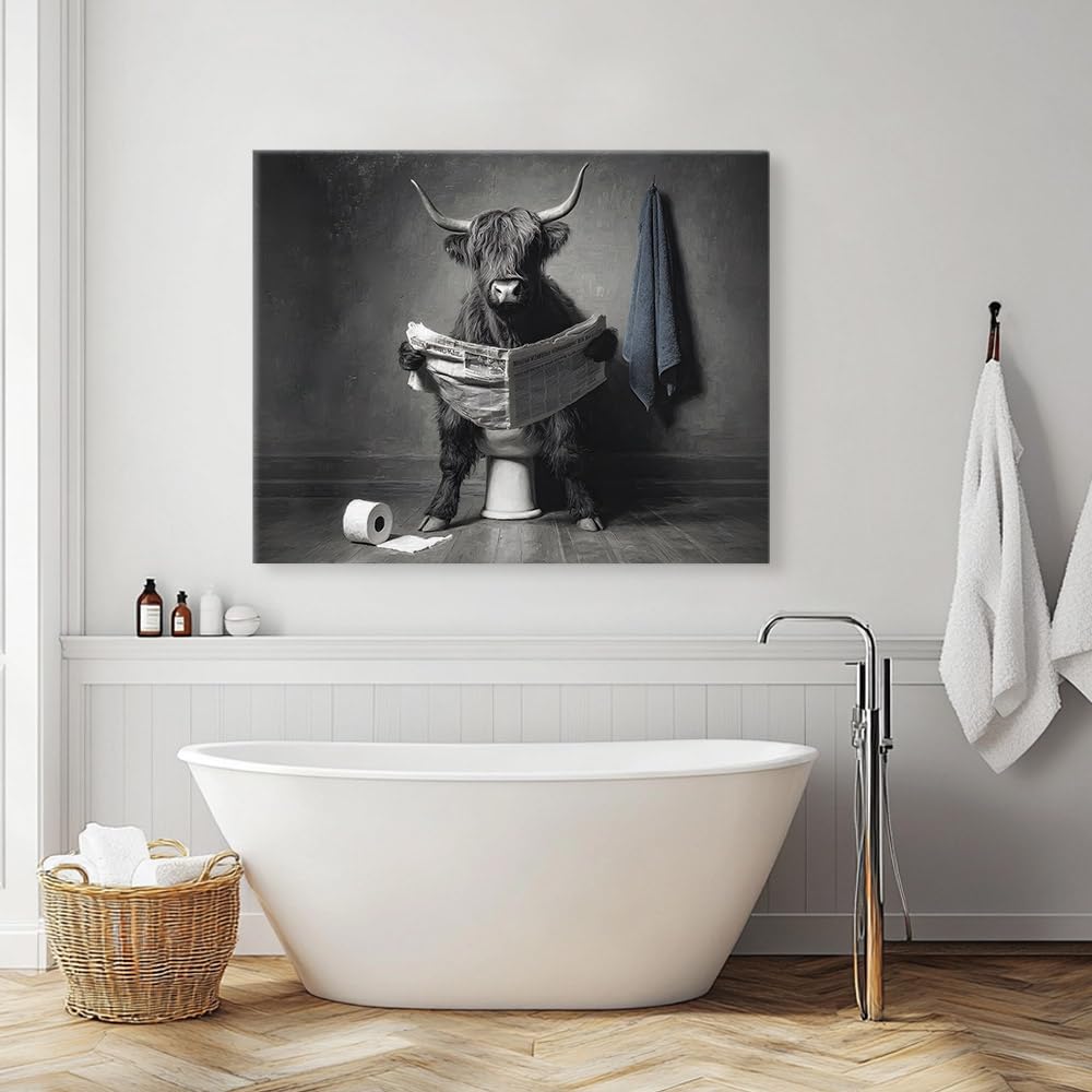 Highland Cow Reading Newspaper on The Toilet Canvas Print Wall Art - Funny Animal - Wall Decor Modern Artwork