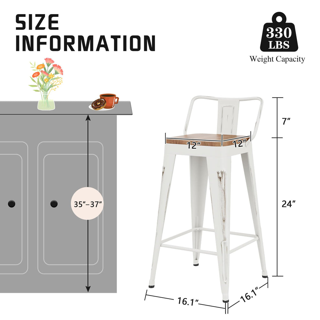 24" Barstools Set of 4 Counter Height Bar Stools Chair-Distressed White