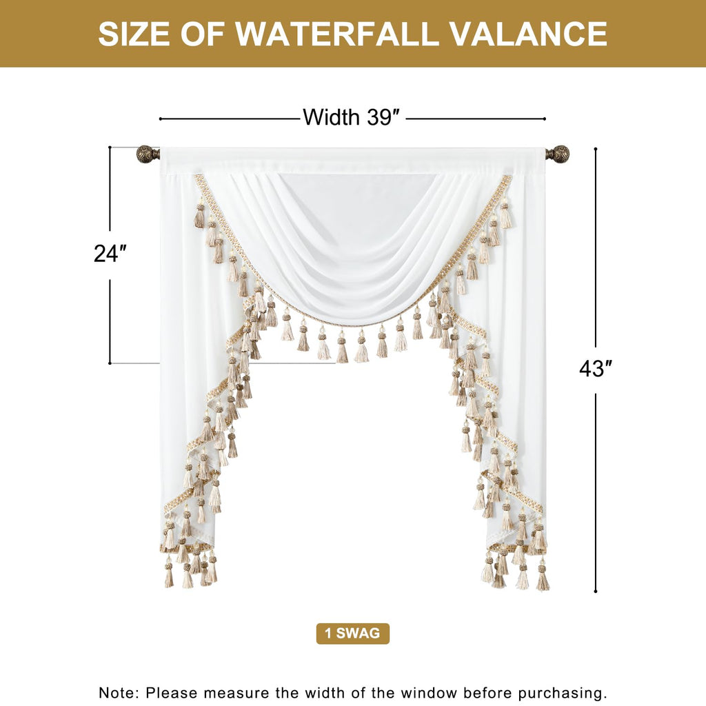 Luxury Sheer Waterfall Valance for Windows, 39 Inches Wide White Swag Curtains for Wedding Party & Small Windows