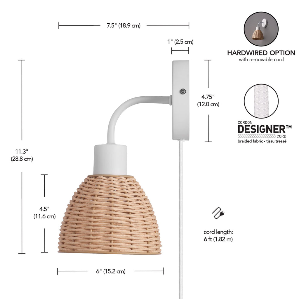 Briar 1-Light Plug-in or Hardwire Wall Sconce, Matte White, Rattan Shade, 6ft White Braided Fabric Designer Cord