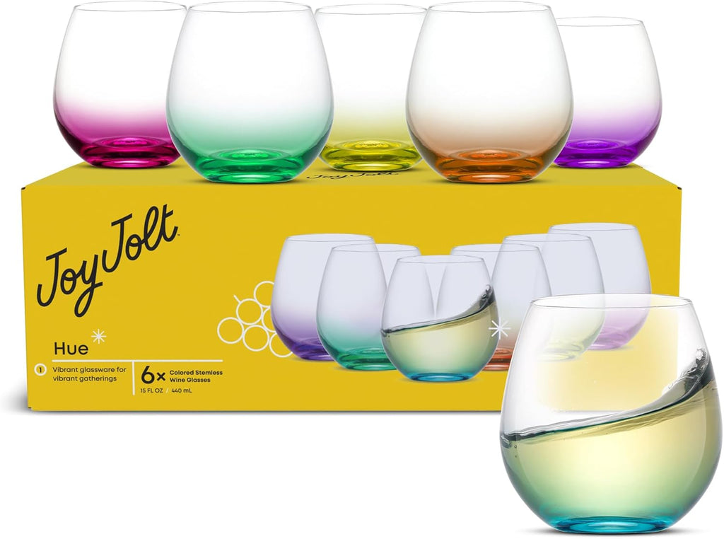 Hue Stemless Wine Glass Set, Large 15 oz Stemless Wine Glasses Set of 6 for White Red or Water, Short Glass Tumblers