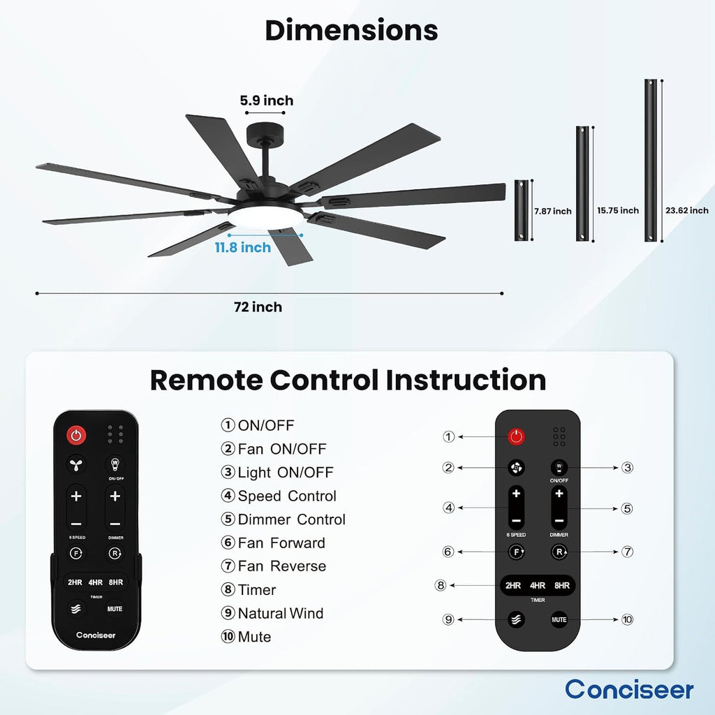 72 Inch Ceiling Fans with Lights and Remote, Dual Color 8 Blades