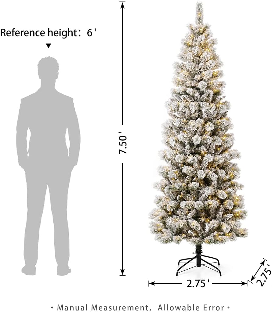 Prelit Christmas Tree, Flocked Artificial Christmas Tree, Pencil Christmas Tree Portland Snowy Pine with 300