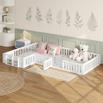 L Shape Double Floor Bed with Bookcase & Lockable Safety Gate, Montessori Bed Frame with Storage for