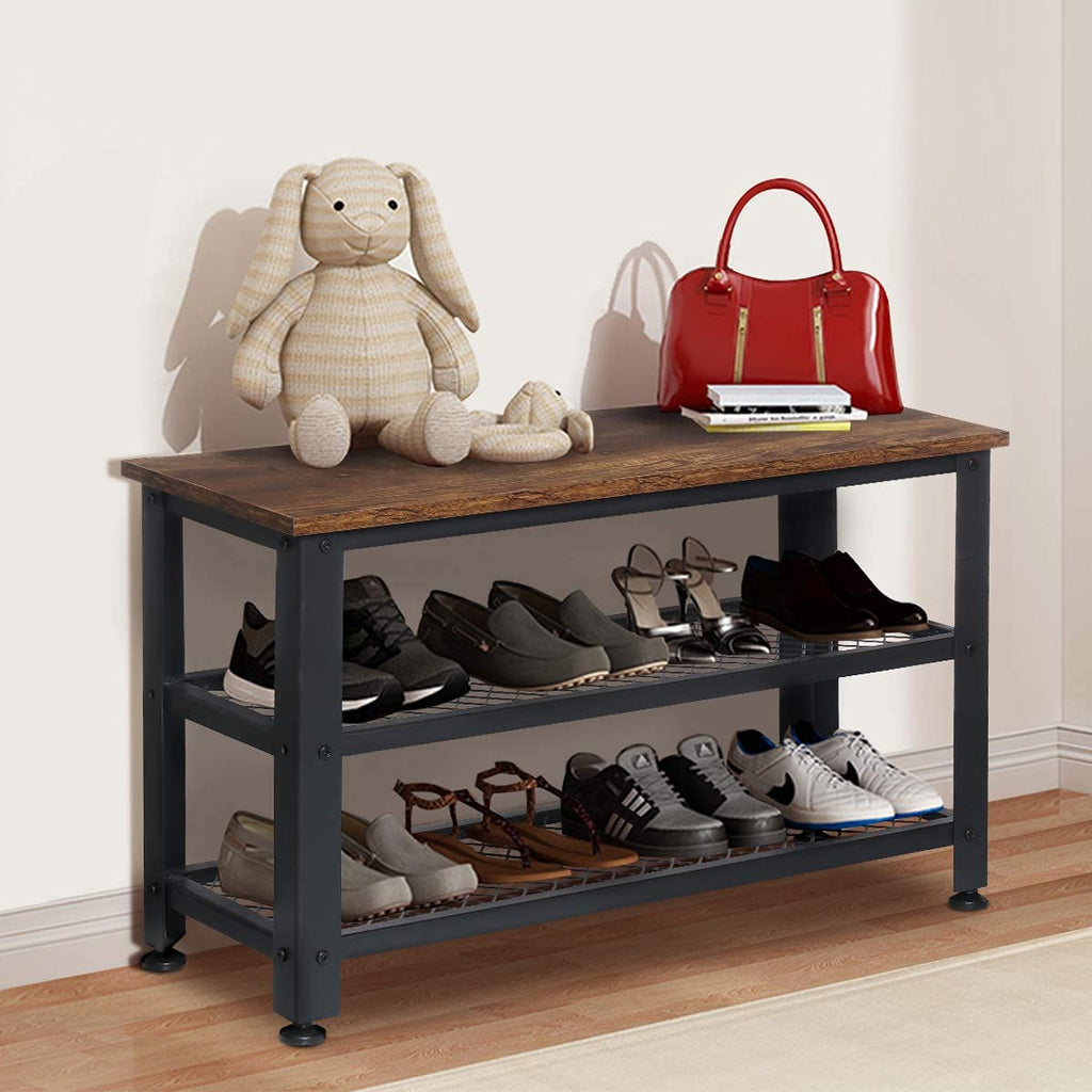 Shoe Bench, 3-Tier Industrial Shoe Rack Bench, Entryway Bench Shoe Organizer with 2 Mesh Shoe Storage Shelves, Wood