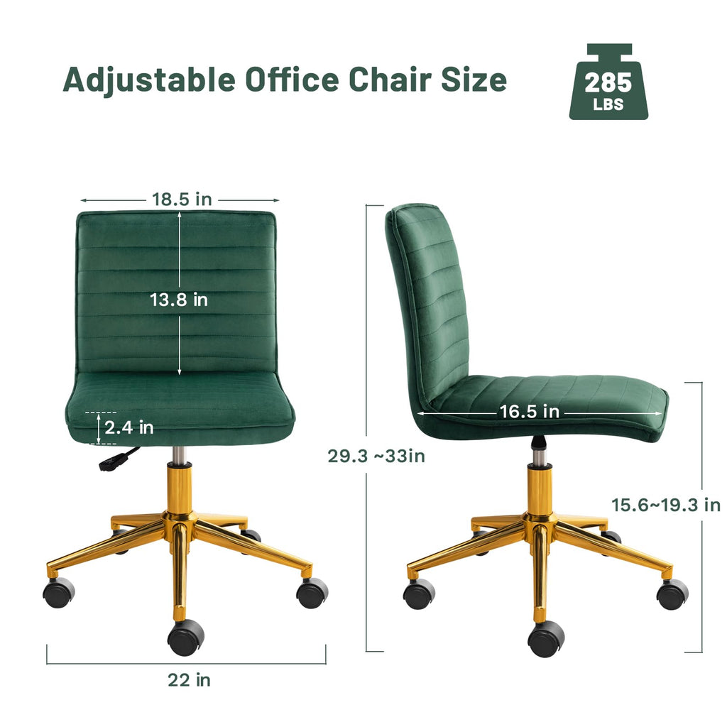 Armless Vanity Chair with Wheels, Computer Rolling Desk Chair with Back Soft Velvet Fabic Height Adjustable Gold