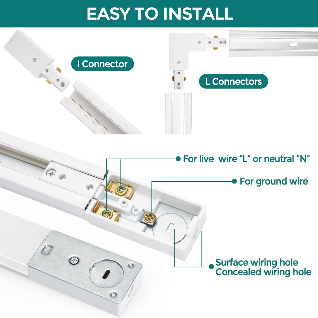 H Track Lighting Rails Kit - 40ft White Track Lighting Tracks 3 Wire with Floating Canopy Connector, L Connector, I