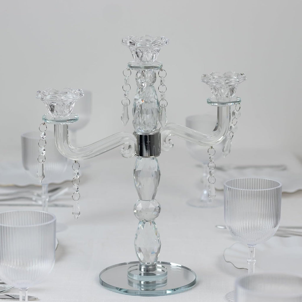 Crystal 3-Arm Candelabra Taper Candle Holder with Hanging Prisms & Round Mirror Base - Faceted Cut Glass Design - 14"