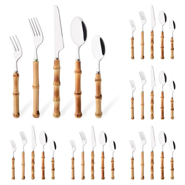 30PCS Silverware Set for 6, Bamboo Handle Flatware Set, Stainless Steel Cutlery Set Restaurant and Party, Bamboo