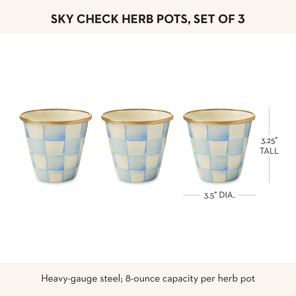 Enamel Herb Pot Set, Small, Light-Blue-and-White Sky Check