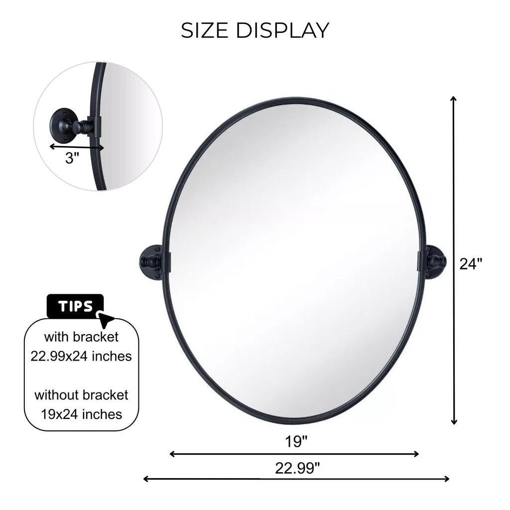 Oval Black Metal Pivot Bathroom Vanity Tilting Vanity Mirrors for Wall, Overall 22.99 x 24 inches (Mirrror 19 x 24