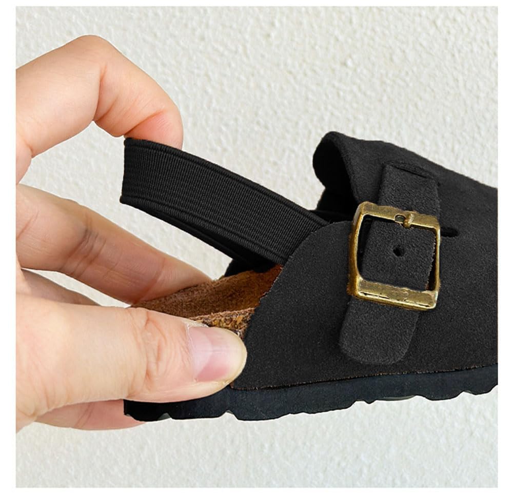 Genuine Suede Clogs for Girls Boys Soft Cork Footbed Leather Mules Comfort Potato Shoes with Arch Support Black